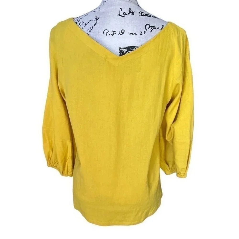 LOFT Mustard Yellow Linen Blend Balloon Sleeve Boat Neck V-Back Blouse‎ Small